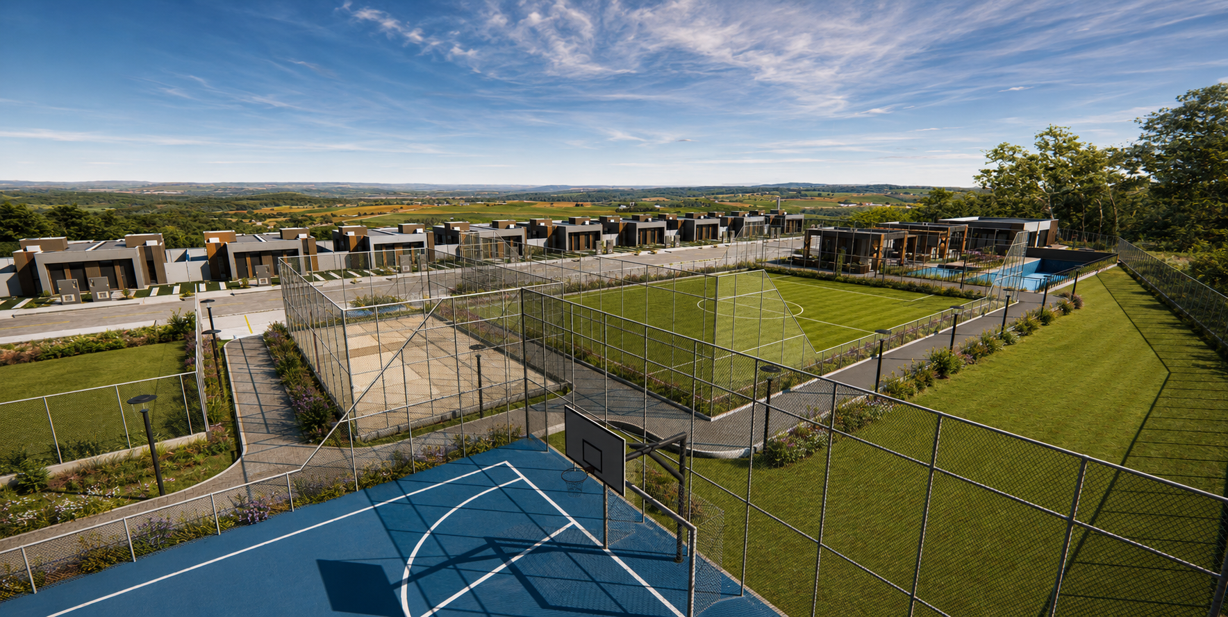 Quadras, piscinas e áreas comuns do Residencial San Carlo